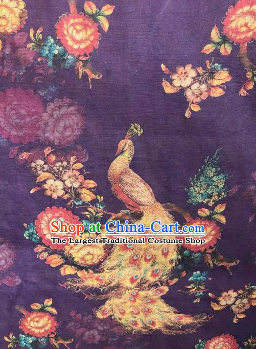 Asian Chinese Classical Peacock Pattern Design Purple Gambiered Guangdong Gauze Fabric Traditional Silk Material