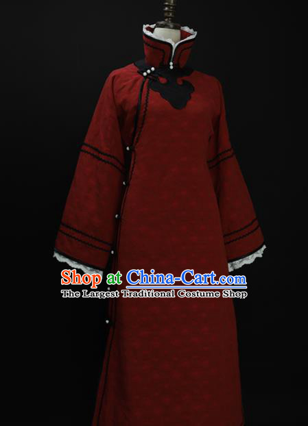 Chinese Traditional Dark Red Cheongsam Costume Republic of China Mandarin Qipao Dress for Women