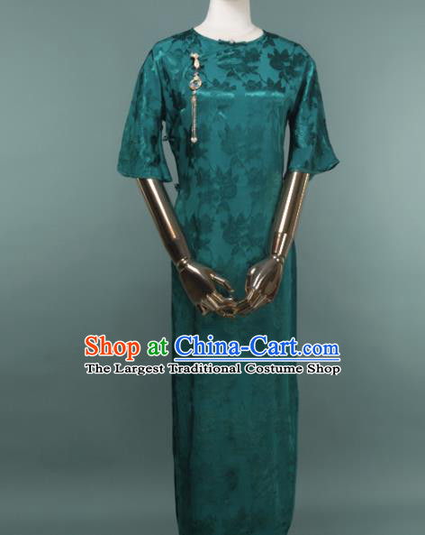 Chinese Traditional Deep Green Silk Cheongsam Costume Republic of China Mandarin Qipao Dress for Women