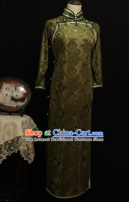 Chinese Traditional Olive Green Velvet Cheongsam Costume Republic of China Mandarin Qipao Dress for Women