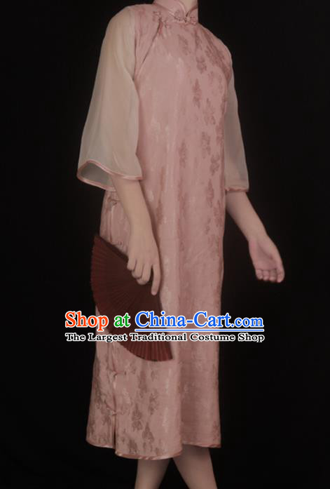 Chinese Traditional Pink Chiffon Cheongsam Costume Republic of China Mandarin Qipao Dress for Women