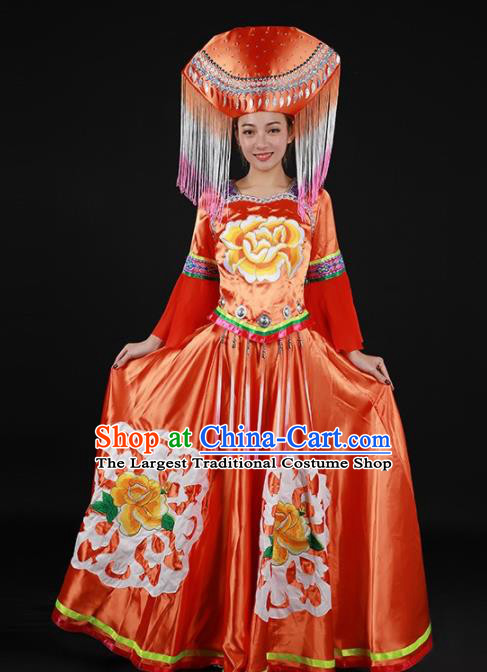 Chinese Traditional Zhuang Nationality Red Expansion Dress Ethnic Minority Folk Dance Stage Show Costume for Women