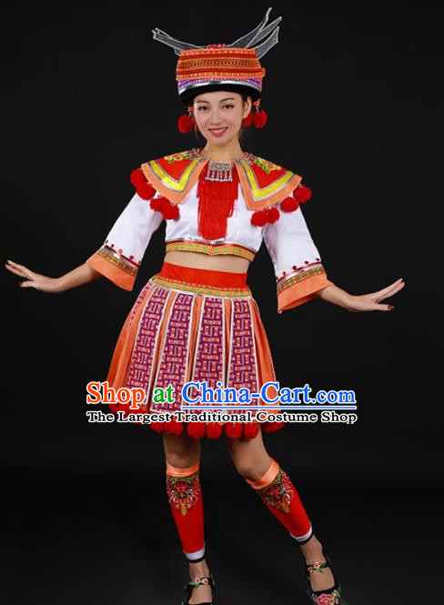 Chinese Traditional Yao Nationality White Blouse and Orange Short Skirt Ethnic Minority Folk Dance Stage Show Costume for Women