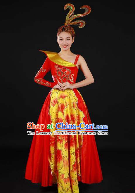 Chinese Spring Festival Gala Classical Dance Red Dress Traditional Chorus Peony Dance Costume for Women