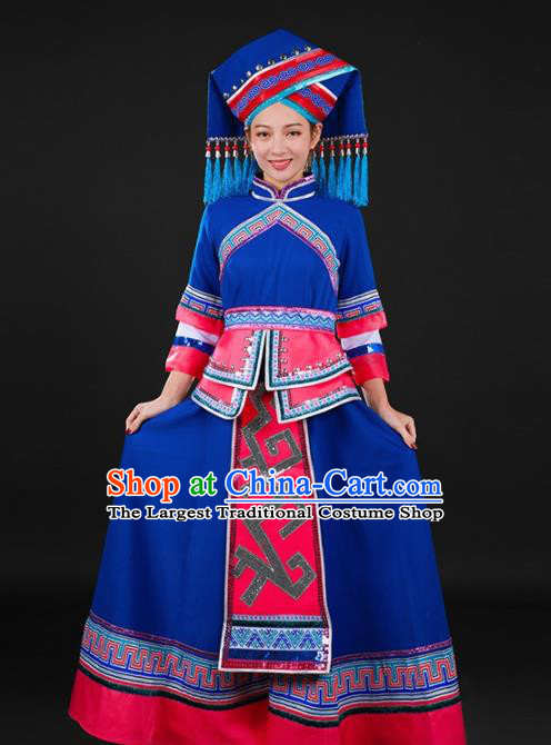 Chinese Traditional Zhuang Nationality Deep Blue Dress Ethnic Minority Folk Dance Stage Show Costume for Women