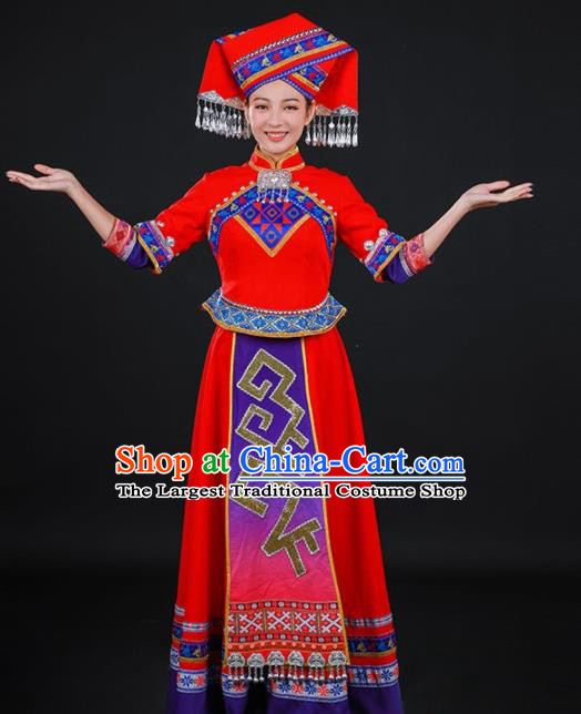 Chinese Traditional Zhuang Nationality Stage Show Red Long Dress Ethnic Minority Folk Dance Costume for Women