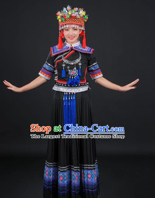 Chinese Traditional Yao Nationality Stage Show Black Long Dress Ethnic Minority Folk Dance Costume for Women