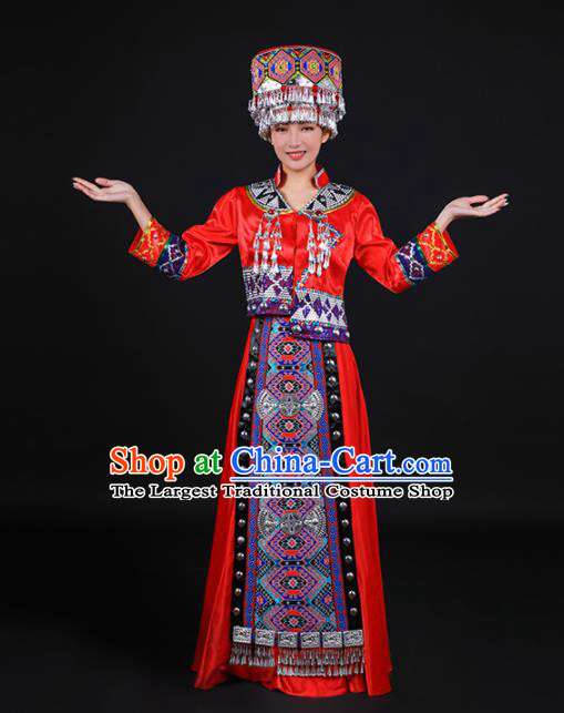 Chinese Traditional Tujia Nationality Stage Show Red Dress Ethnic Minority Folk Dance Costume for Women