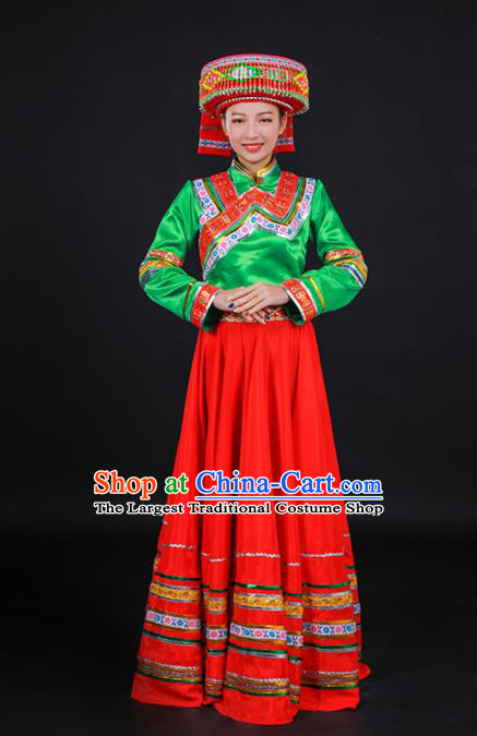 Chinese Traditional Lisu Nationality Stage Show Red Dress Ethnic Minority Folk Dance Costume for Women