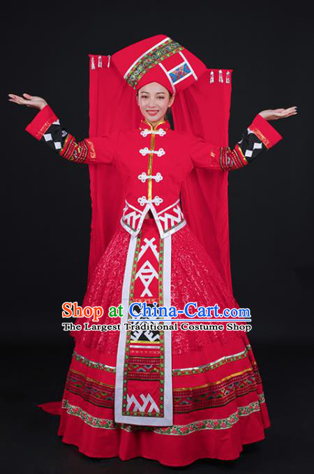 Chinese Traditional Zhuang Nationality Stage Show Wedding Red Dress Ethnic Minority Folk Dance Costume for Women