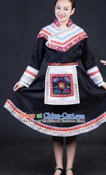 Chinese Traditional She Nationality Stage Show Black Short Dress Ethnic Minority Folk Dance Costume for Women