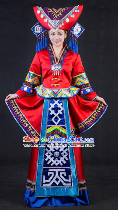 Chinese Traditional Zhuang Nationality Stage Show Wedding Red Dress Ethnic Minority Folk Dance Costume for Women