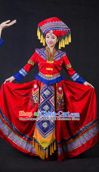 Chinese Traditional Zhuang Nationality Stage Show Bride Red Dress Ethnic Minority Folk Dance Costume for Women