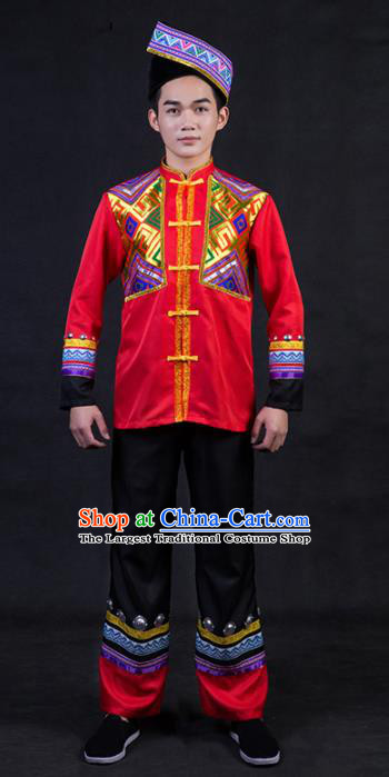 Chinese Traditional Zhuang Nationality Festival Compere Red Outfits Ethnic Minority Folk Dance Stage Show Costume for Men