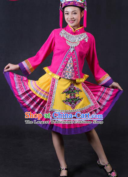 Chinese Traditional Yao Nationality Stage Show Rosy Short Dress Ethnic Minority Folk Dance Costume for Women