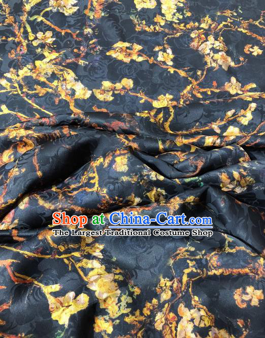 Asian Chinese Traditional Flower Branch Pattern Design Black Gambiered Guangdong Gauze Fabric Silk Material