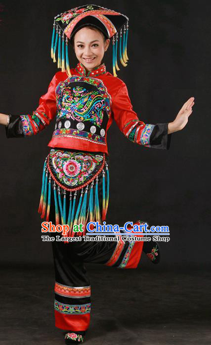 Chinese Traditional Zhuang Nationality Stage Show Embroidered Outfits Ethnic Minority Folk Dance Costume for Women