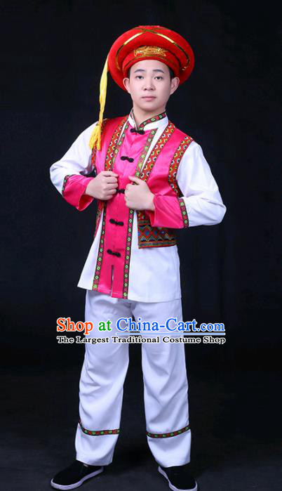 Chinese Traditional Bai Nationality Festival Compere Rosy Outfits Ethnic Minority Folk Dance Stage Show Costume for Men