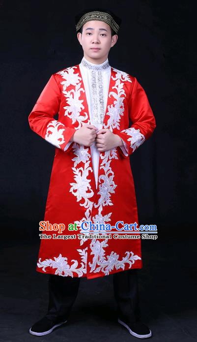 Chinese Traditional Ozbek Nationality Festival Compere Red Outfits Ethnic Minority Folk Dance Stage Show Costume for Men