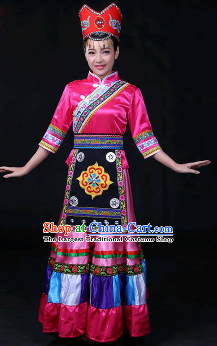 Chinese Traditional Gelao Nationality Stage Show Rosy Long Dress Ethnic Minority Folk Dance Costume for Women