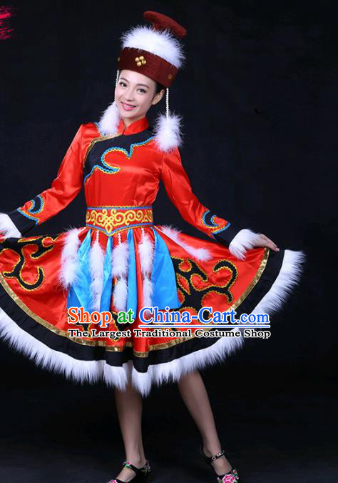 Chinese Traditional Hezhen Nationality Stage Show Red Dress Ethnic Minority Folk Dance Costume for Women