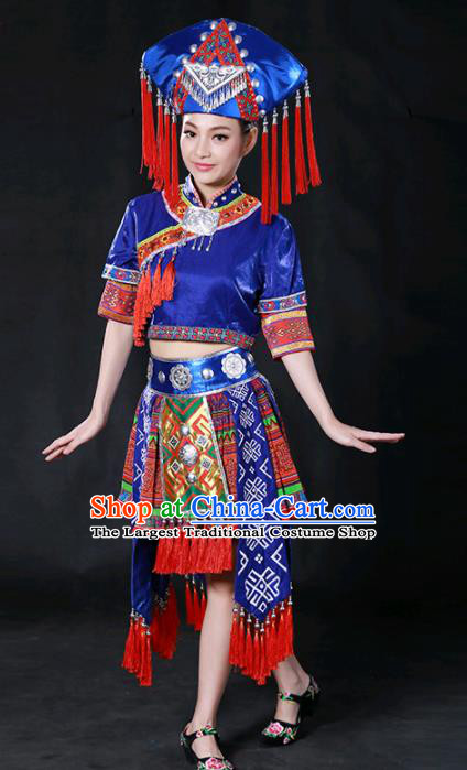 Chinese Traditional Guangxi Zhuang Nationality Royalblue Short Dress Ethnic Minority Folk Dance Stage Show Costume for Women