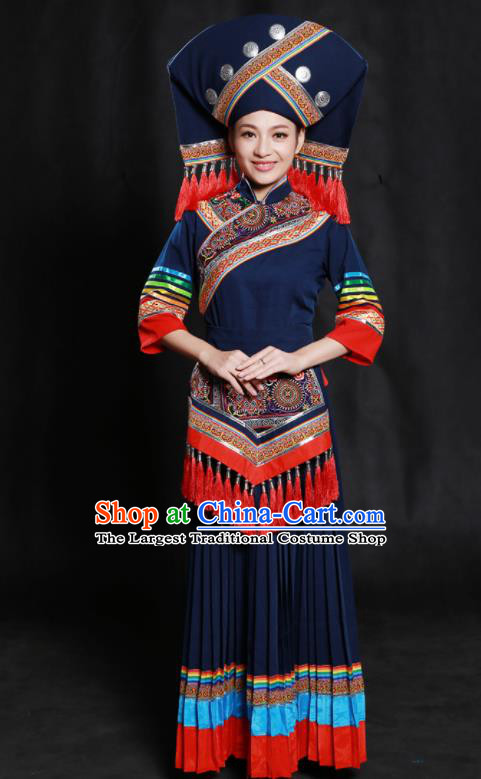 Chinese Traditional Zhuang Nationality Navy Long Dress Ethnic Minority Folk Dance Stage Show Costume for Women