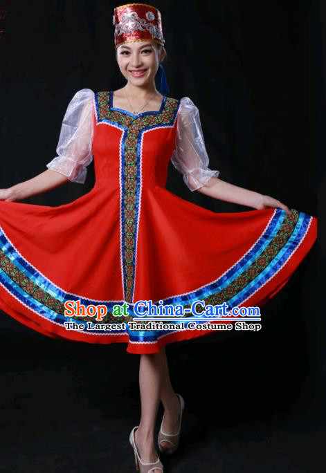 Chinese Traditional Russian Nationality Red Short Dress Ethnic Minority Folk Dance Stage Show Costume for Women