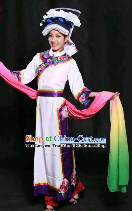 Chinese Traditional Qiang Nationality White Long Dress Ethnic Minority Folk Dance Stage Show Costume for Women