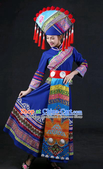 Chinese Traditional Guangxi Zhuang Nationality Stage Show Blue Dress Ethnic Minority Folk Dance Costume for Women