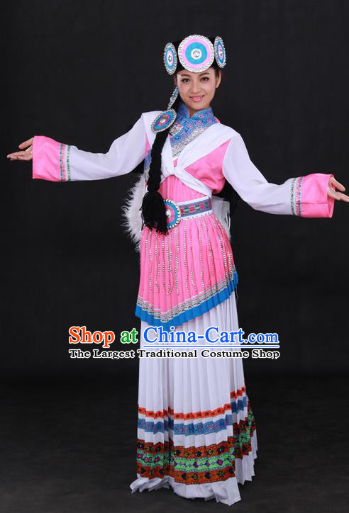 Chinese Traditional Naxi Nationality White Dress Ethnic Minority Folk Dance Stage Show Costume for Women