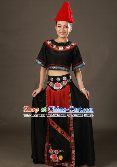 Chinese Traditional Gelao Nationality Black Dress Ethnic Minority Folk Dance Stage Show Costume for Women