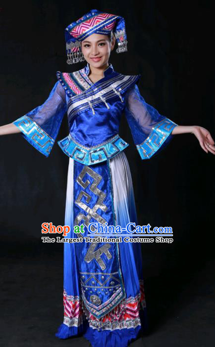 Chinese Traditional Guangxi Zhuang Nationality Royalblue Dress Ethnic Minority Folk Dance Stage Show Costume for Women