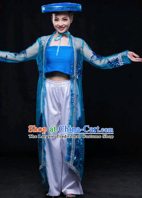 Chinese Traditional Jing Nationality Blue Outfits Ethnic Minority Folk Dance Stage Show Costume for Women