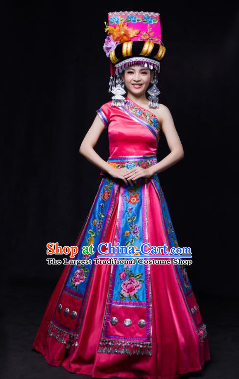 Chinese Traditional Yi Nationality Wedding Rosy Dress Ethnic Minority Folk Dance Stage Show Costume for Women