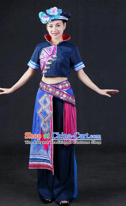 Chinese Traditional Zhuang Nationality Stage Show Navy Outfits Ethnic Minority Folk Dance Costume for Women