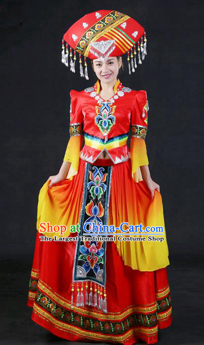 Chinese Traditional Zhuang Nationality Stage Show Red Long Dress Ethnic Minority Folk Dance Costume for Women