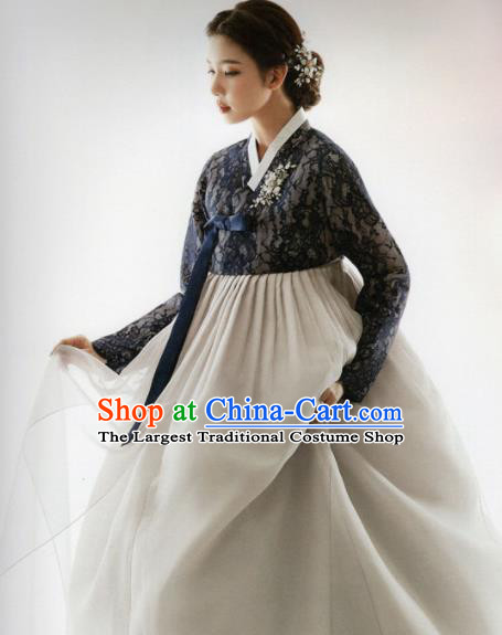 Korean Traditional Hanbok Princess Navy Lace Blouse and Grey Dress Outfits Asian Korea Fashion Costume for Women