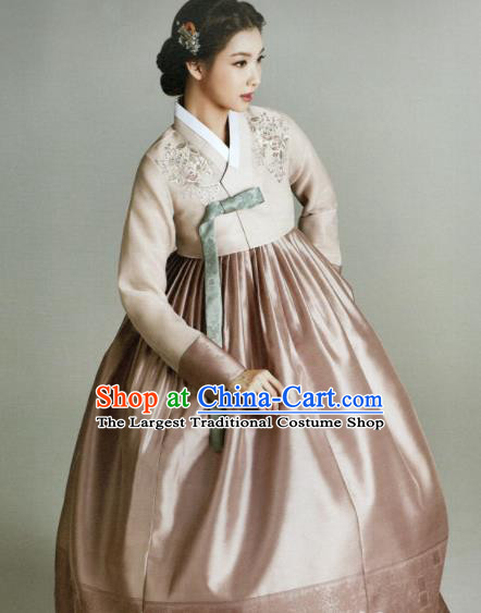 Korean Traditional Hanbok Princess Beige Blouse and Pink Satin Dress Outfits Asian Korea Fashion Costume for Women