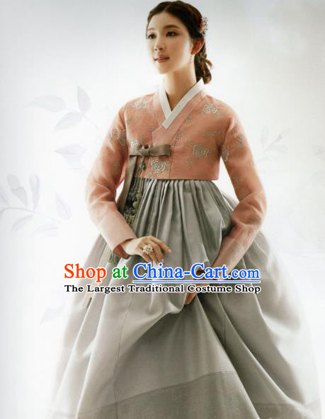 Korean Traditional Hanbok Princess Orange Blouse and Grey Satin Dress Outfits Asian Korea Fashion Costume for Women