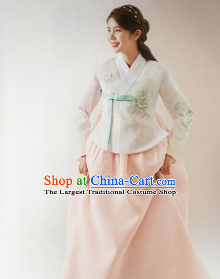 Korean Traditional Hanbok Wedding Bride Printing Peony White Blouse and Pink Dress Outfits Asian Korea Fashion Costume for Women