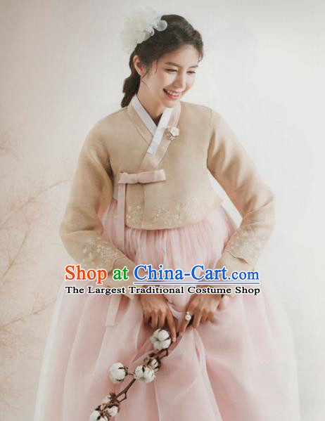 Korean Traditional Hanbok Wedding Bride Beige Blouse and Pink Dress Outfits Asian Korea Fashion Costume for Women