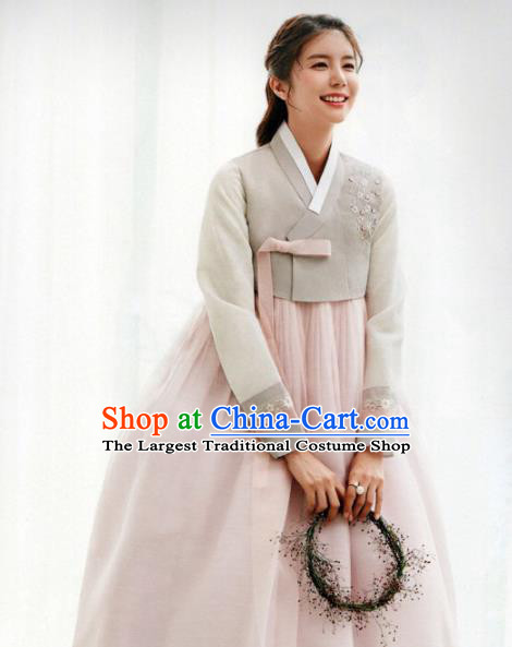 Korean Traditional Hanbok Wedding Bride Grey Blouse and Pink Dress Outfits Asian Korea Fashion Costume for Women