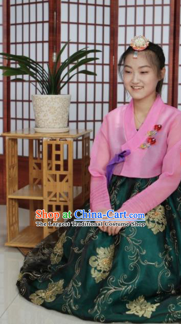 Korean Traditional Hanbok Bride Pink Blouse and Green Dress Outfits Asian Korea Wedding Fashion Costume for Women