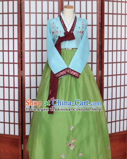 Korean Traditional Hanbok Blue Blouse and Green Dress Outfits Asian Korea Wedding Fashion Costume for Women