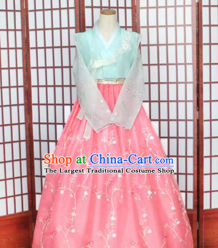 Korean Traditional Hanbok Light Blue Blouse and Pink Dress Outfits Asian Korea Wedding Fashion Costume for Women