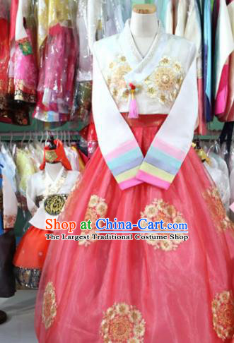 Korean Traditional Bride Garment Hanbok Embroidered White Blouse and Pink Dress Outfits Asian Korea Fashion Costume for Women