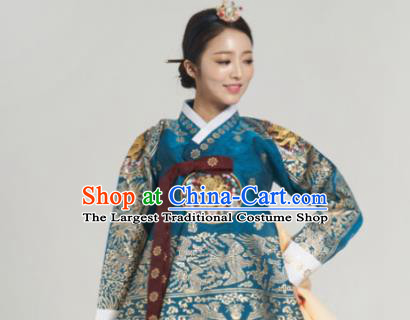 Korean Traditional Bride Garment Hanbok Blue Satin Blouse and Yellow Dress Outfits Asian Korea Fashion Costume for Women