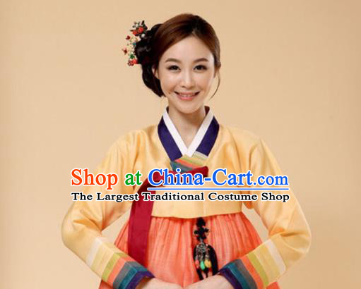 Korean Traditional Bride Garment Hanbok Yellow Blouse and Orange Dress Outfits Asian Korea Fashion Costume for Women