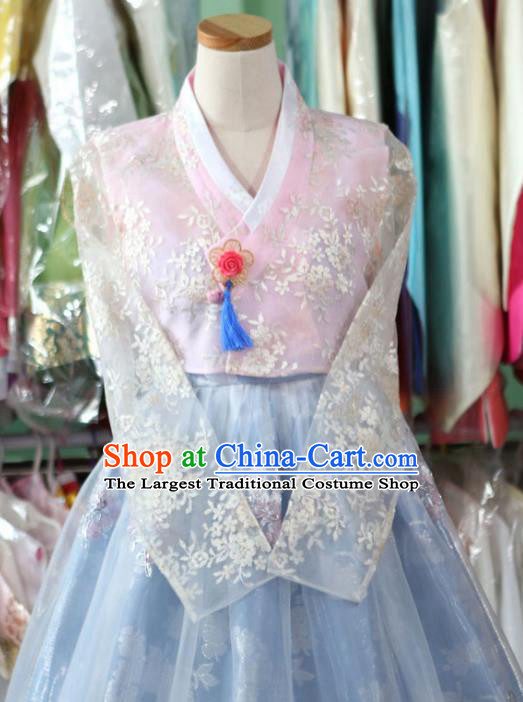 Korean Traditional Garment Bride Mother Hanbok Pink Blouse and Blue Dress Outfits Asian Korea Fashion Costume for Women